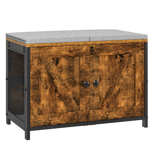 Small Shoe Storage Bench with Doors and Cushion, 23.6 Inch, Rustic Brown