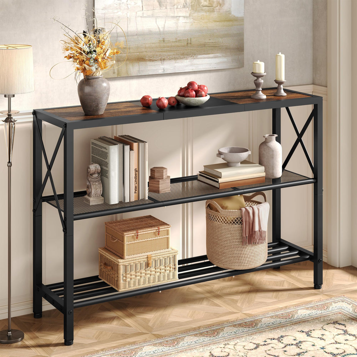 3 Tier Industrial Console Table, Rustic Brown and Black, 42 Inch