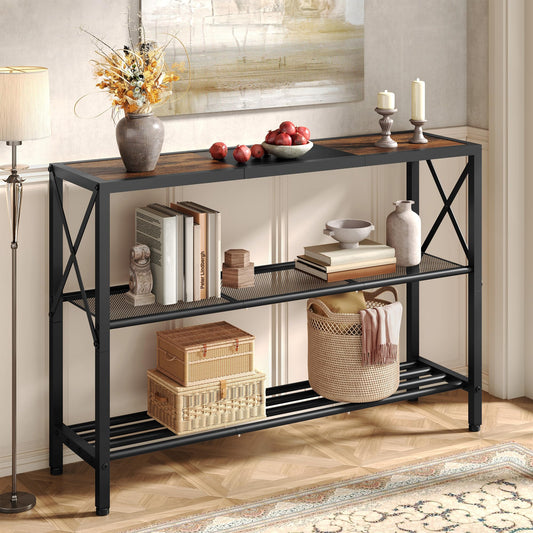 3 Tier Industrial Console Table, Rustic Brown and Black, 42 Inch