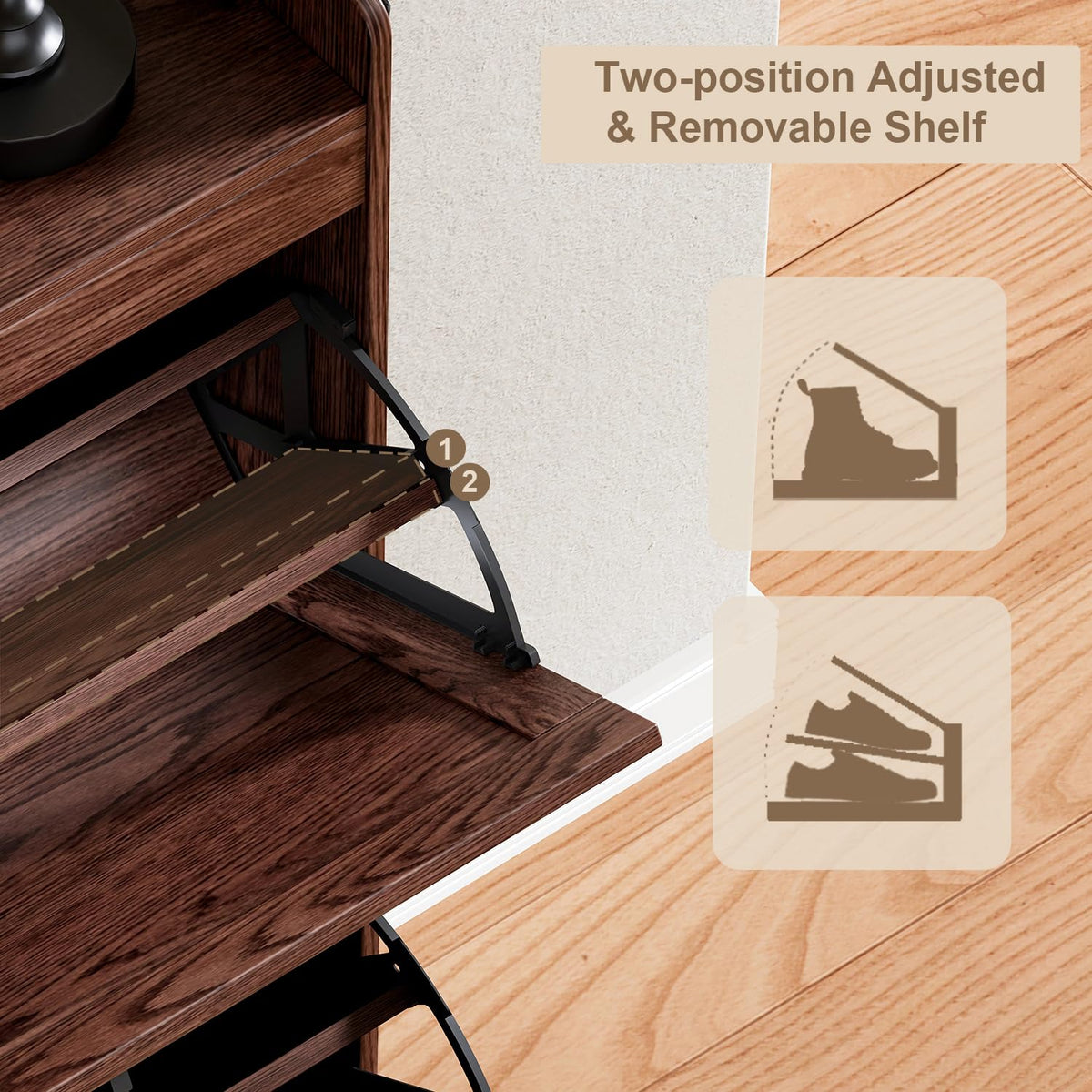 Slim Shoe Cabinet with 2 Flip Drawers and Built In Deodorizer, Walnut