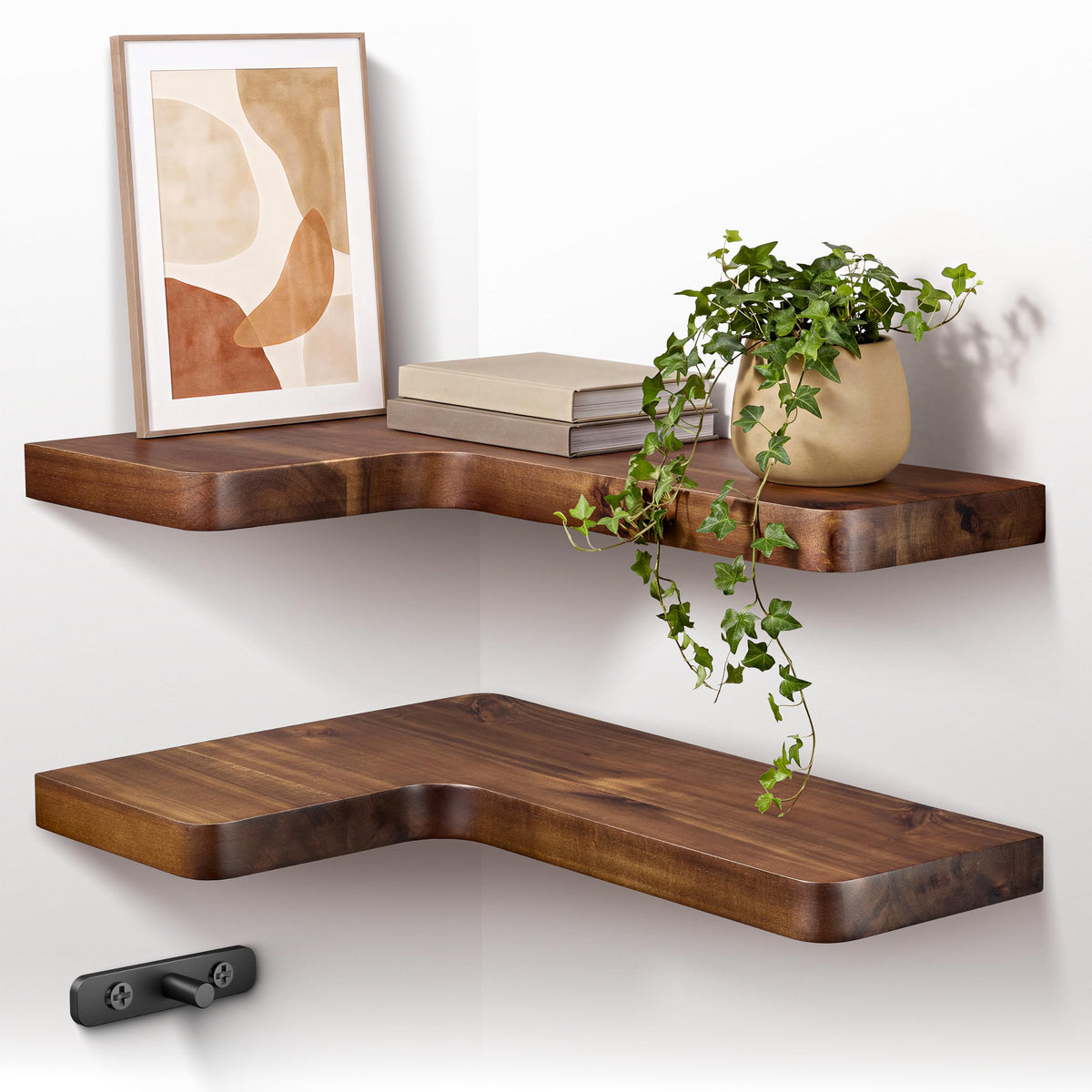 Corner Floating Shelves, 2 Pack 17 x 12 Inch, Walnut Acacia Wood