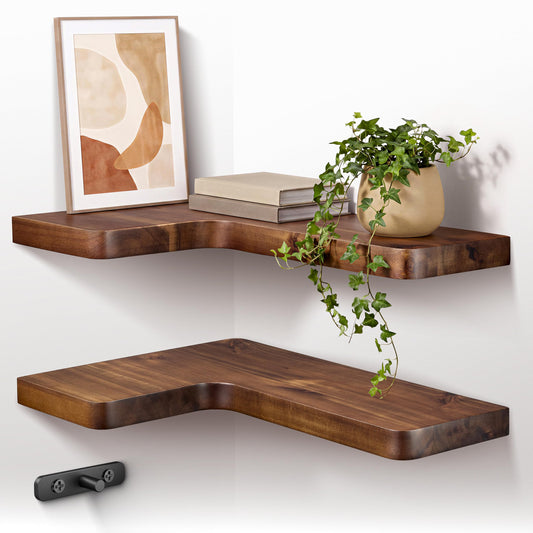 Corner Floating Shelves, 2 Pack 17 x 12 Inch, Walnut Acacia Wood