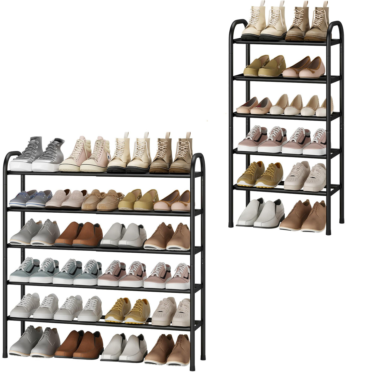 5 Tier Adjustable Width Shoe Rack, Fits 24 Pairs, Black Metal