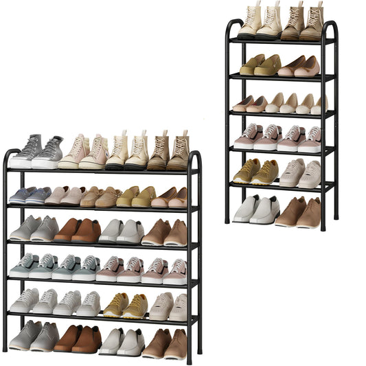 5 Tier Adjustable Width Shoe Rack, Fits 24 Pairs, Black Metal