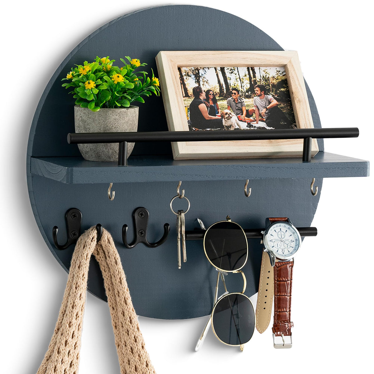 Navy Blue Wall Key Rack with Mail Shelf, Rounded Wood Design