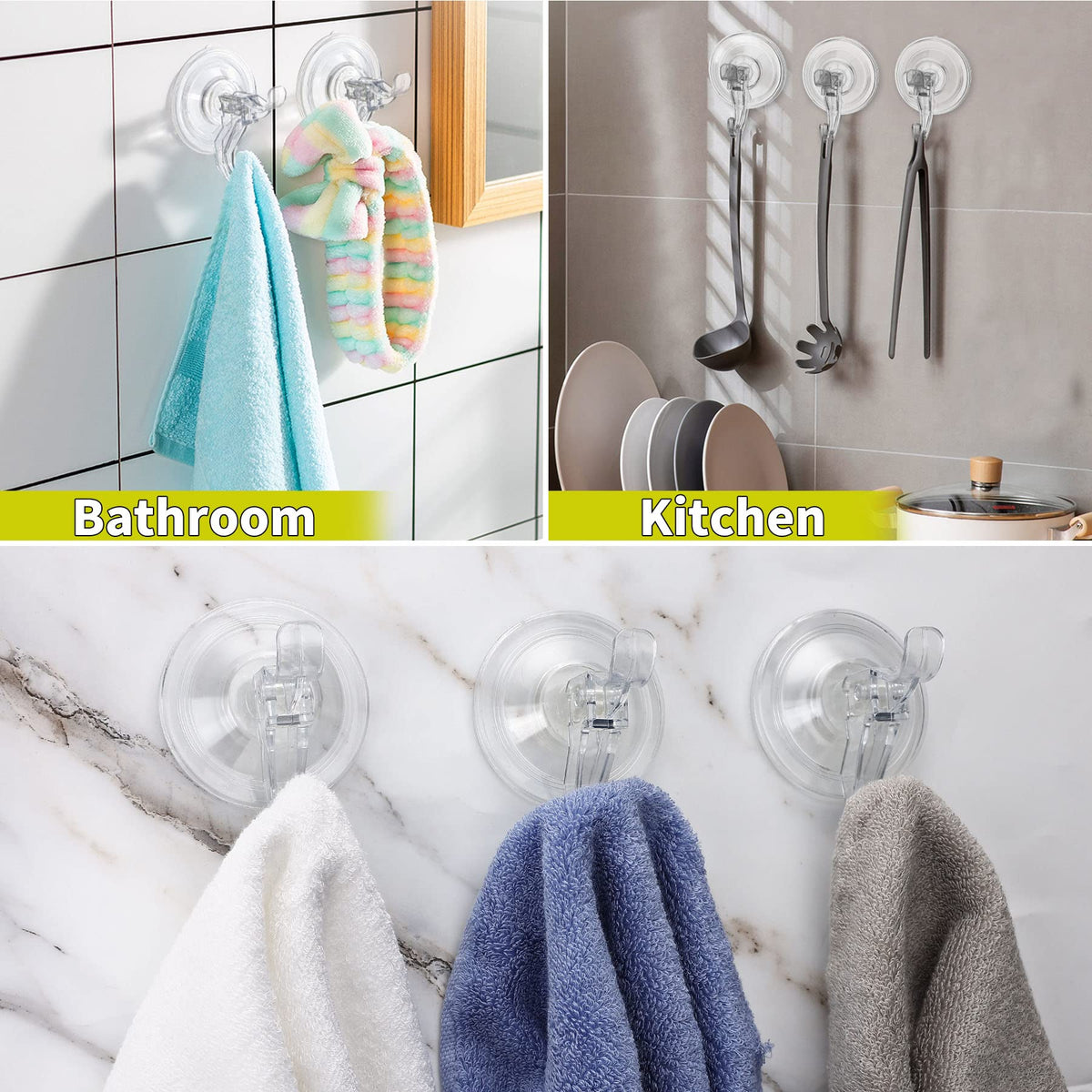 Clear Suction Cup Hooks, 10 Pack, Reusable Double Hooks, Holds 11 lb