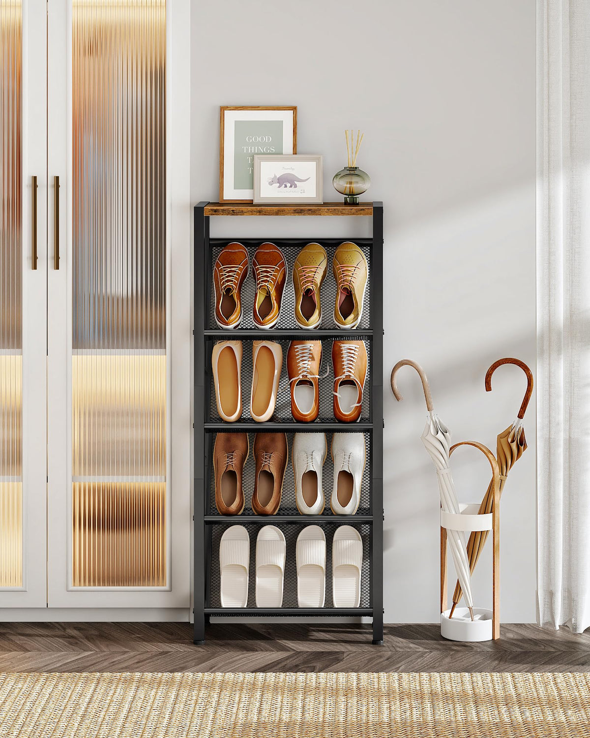 Slim Slanted Shoe Rack, 5 Tier with Wood Top, Rustic Brown and Black