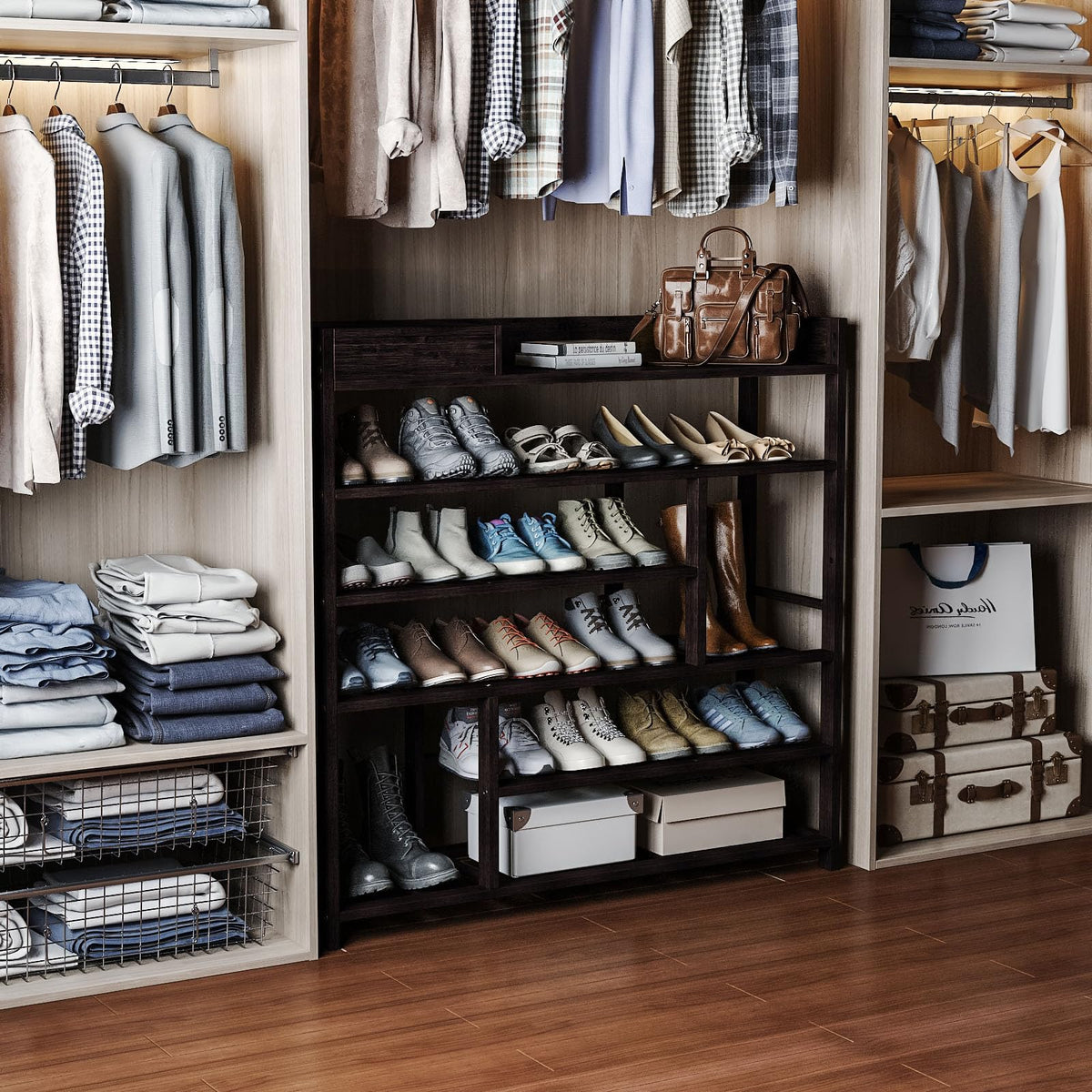 Tall Black Bamboo Shoe Rack with Top Drawer, Holds 24 to 30 Pairs