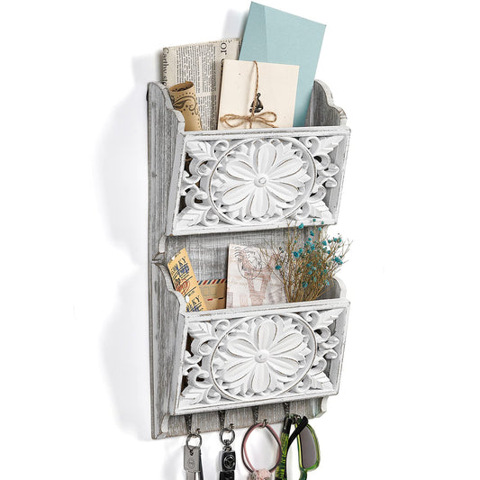 Vintage White Wood Mail Holder, 2 Slots and 4 Hooks
