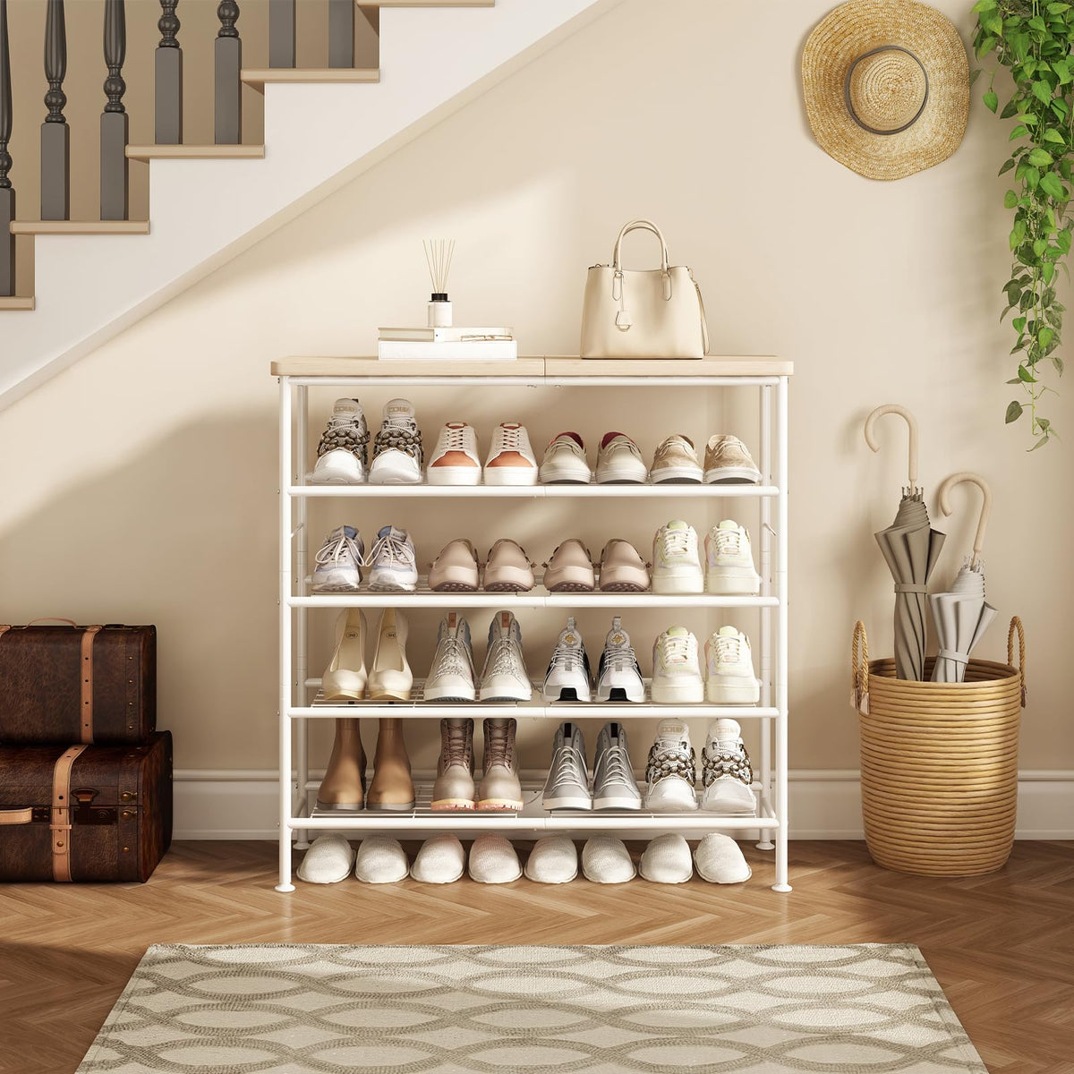 White and Oak 5 Tier Shoe Organizer with Wood Top Shelf