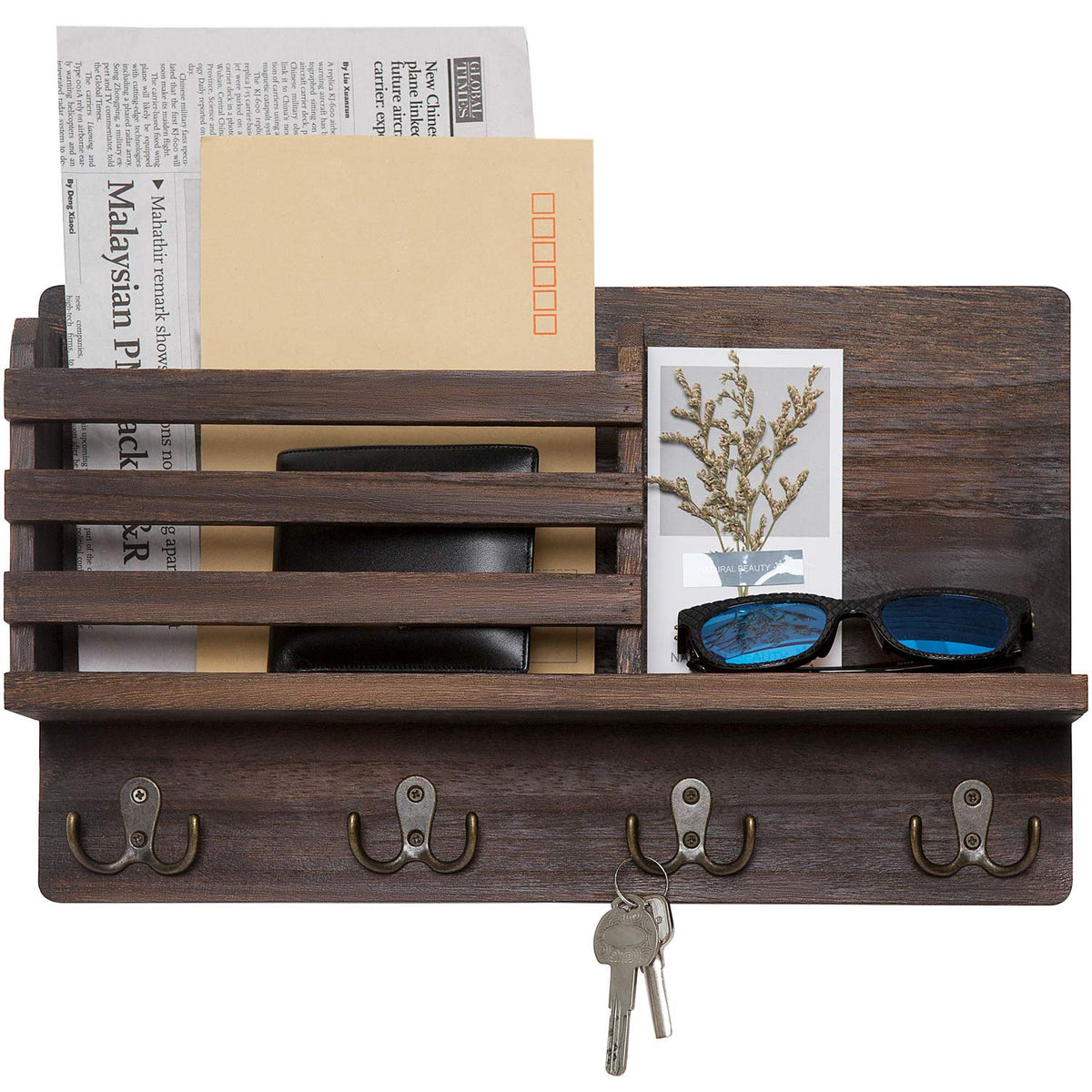 Rustic Wood Key and Mail Rack with 4 Double Hooks, Brown, 15.7 Inch
