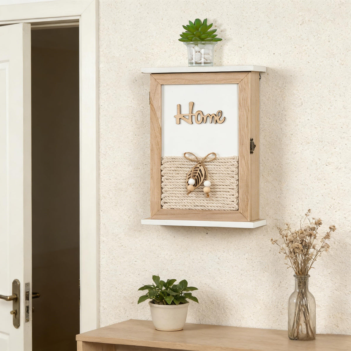 Rustic Wood Key Box with 6 Hooks and Hidden Door, Jute Rope Accent