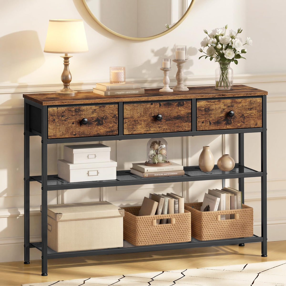 Slim Hallway Sofa Table, Rustic Brown, 3 Cloth Bins and 2 Mesh Shelves