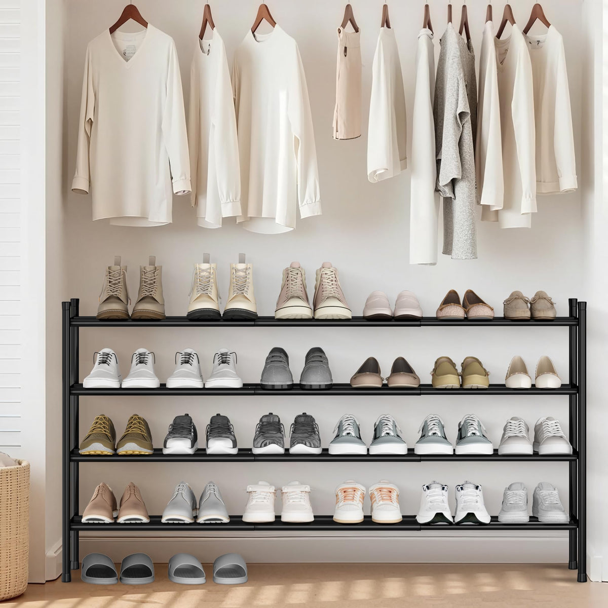 Black Metal Shoe Organizer, Extends 33 to 47 Inch, 4 Shelves for 24 Pairs