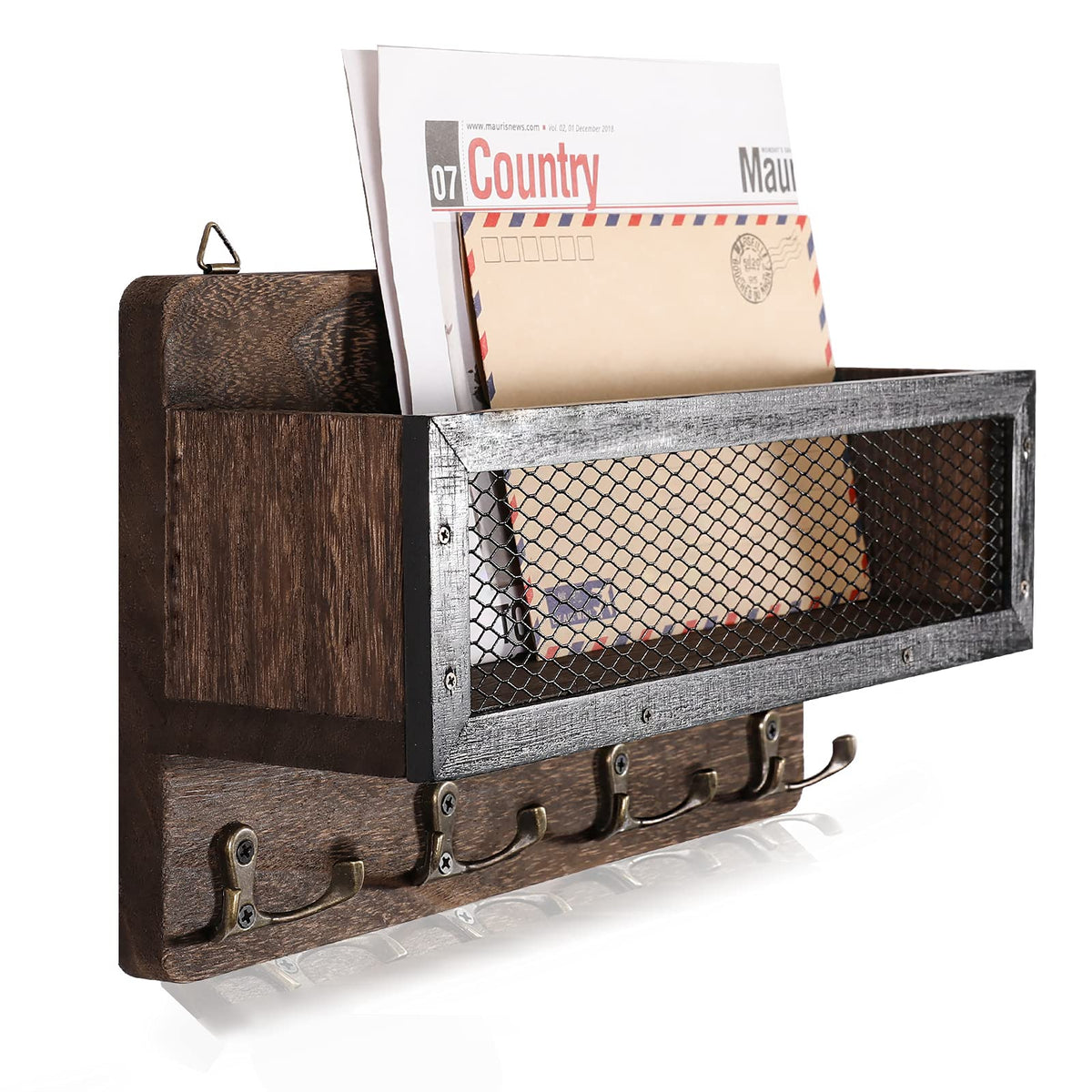Wood Mail and Key Holder with 4 Double Hooks, Rustic Brown