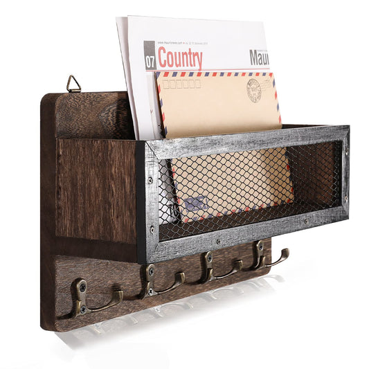 Wood Mail and Key Holder with 4 Double Hooks, Rustic Brown