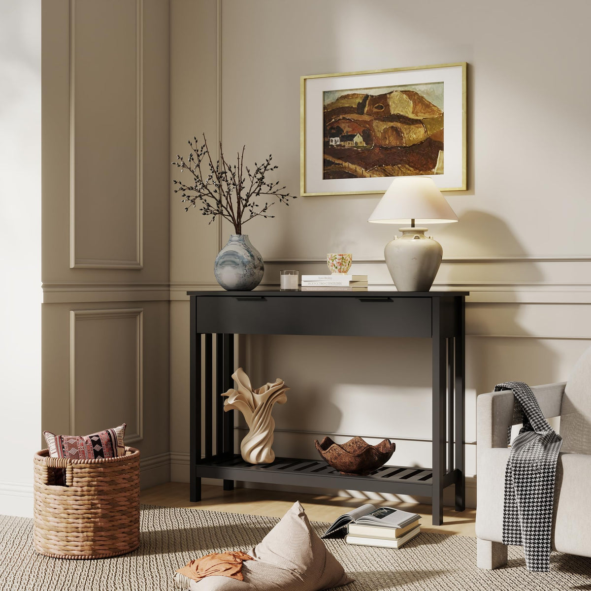 Black Narrow Console Table with Drawer and Open Shelf, 39.4 Inch