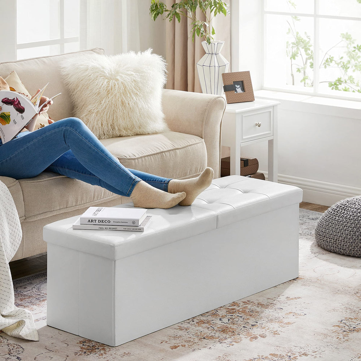 White Faux Leather Storage Ottoman with Flip Lid, 43 Inch Folding