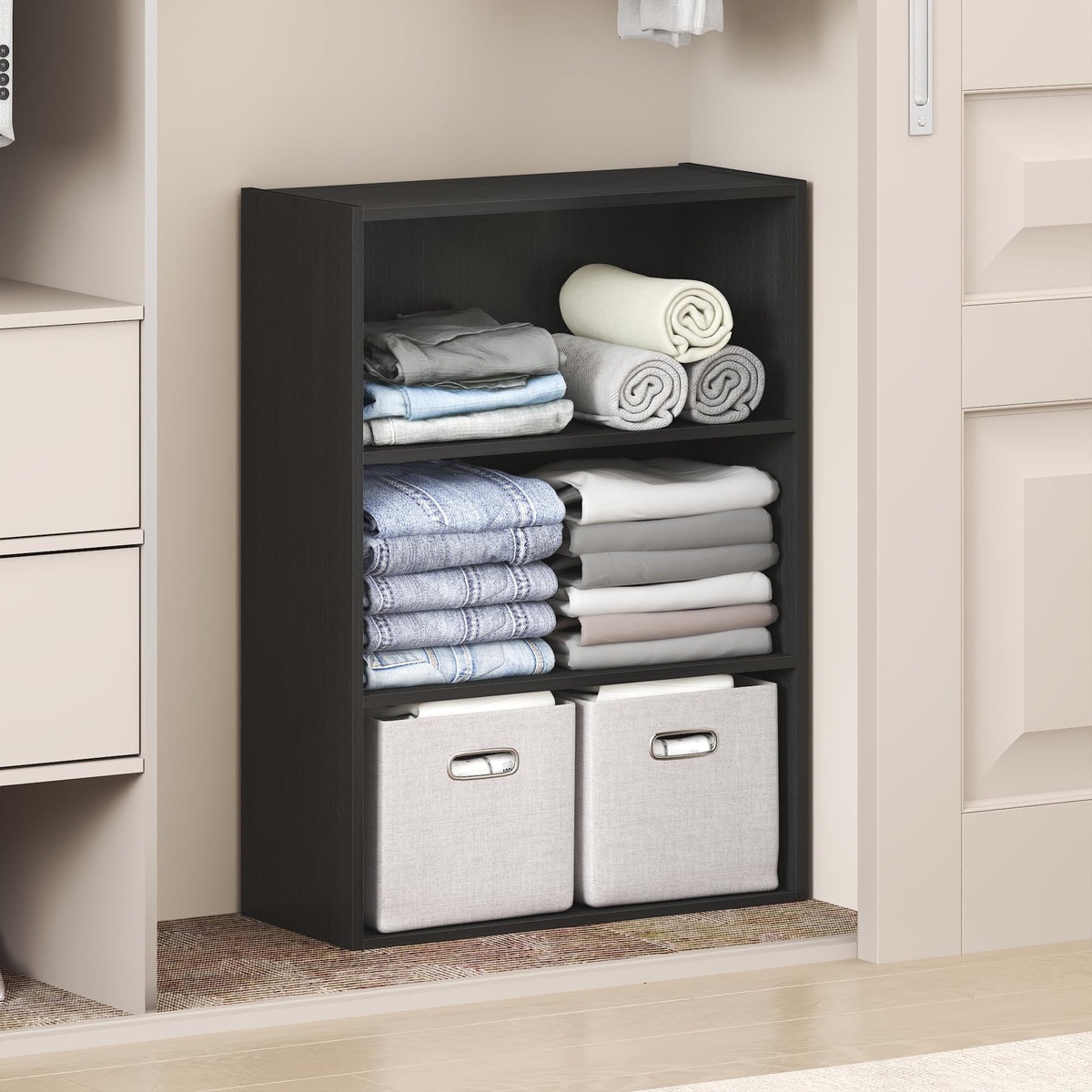 3 Tier Open Closet Shelf, 23.7 Inch Wide Wood Organizer