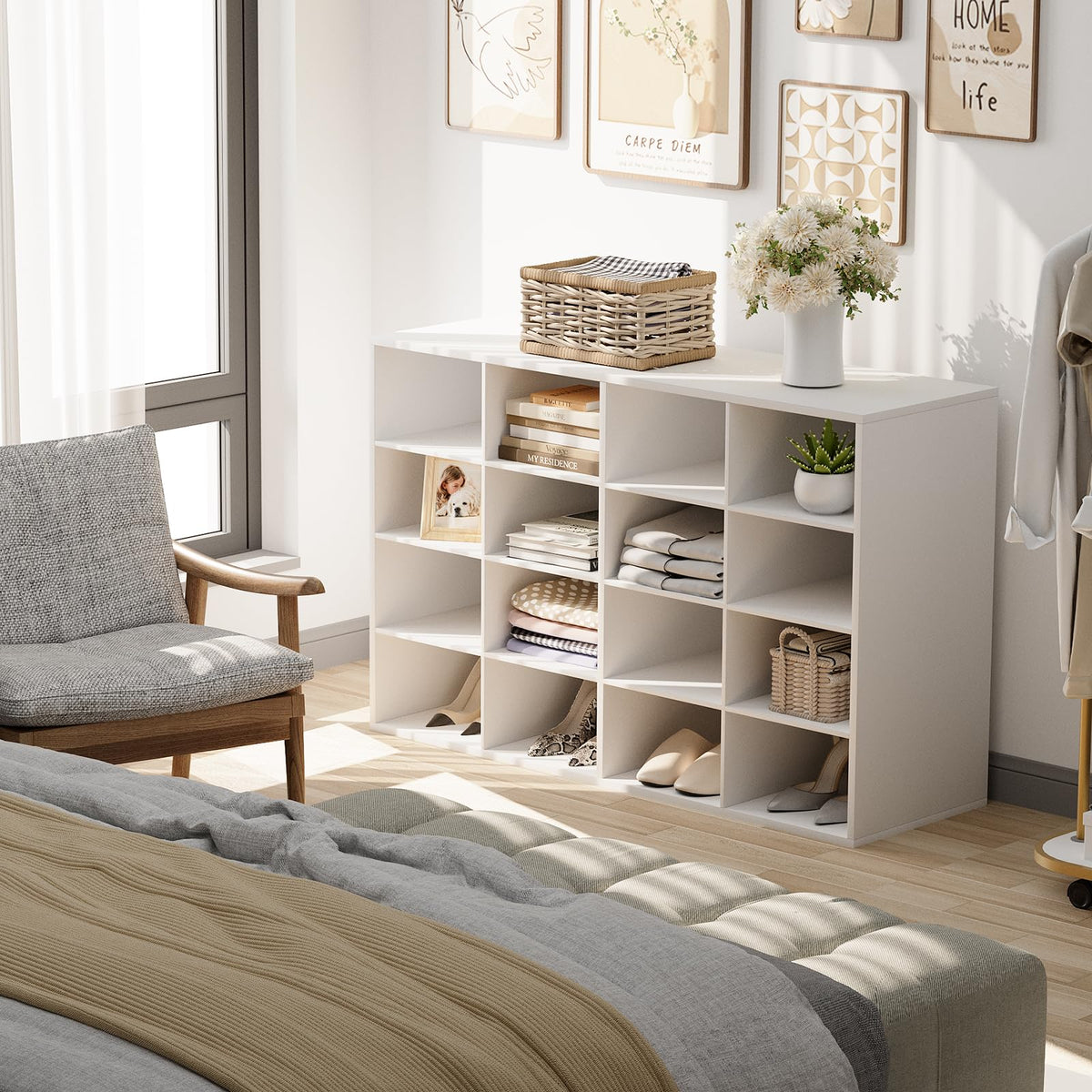16 Cube Shoe Organizer, 4 Tier White Wood Cubby Rack