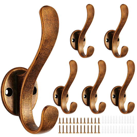 Antique Bronze Coat Hooks, 6 Pack, Double Prong Wall Hooks