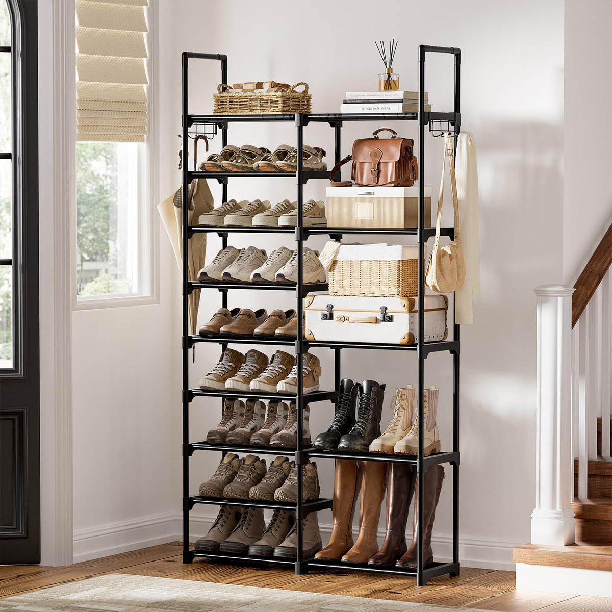 9 Tier Double Row Shoe Tower, Black Metal, Holds 30 to 35 Pairs