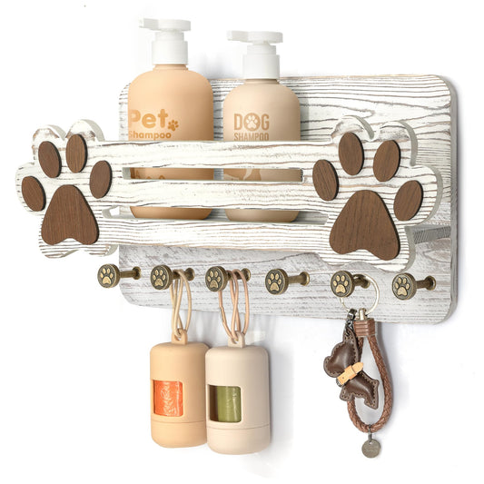 White Wood Leash and Key Holder with Paw Shelf, 6 Hooks, 13 Inch