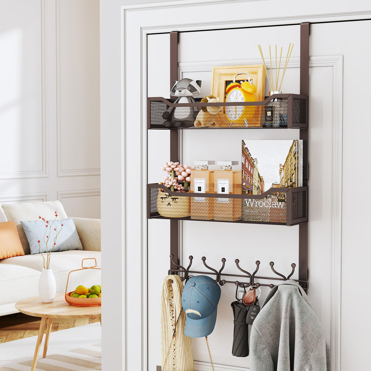Bronze Door Hanger Organizer with 16 Hooks and 2 Baskets