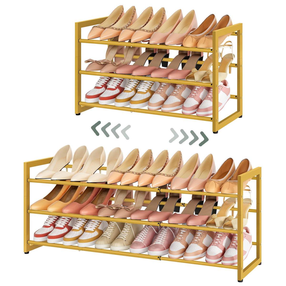 Gold 3 Tier Expandable Shoe Rack, 29.3 to 41.5 Inch Metal Shelf