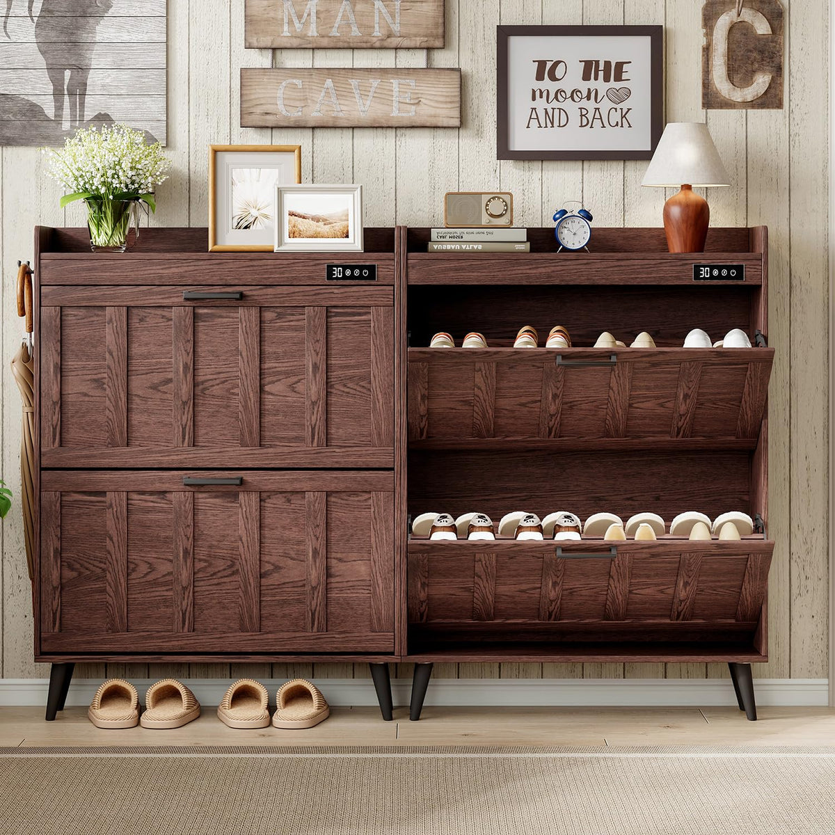 Slim Shoe Cabinet with 2 Flip Drawers and Built In Deodorizer, Walnut