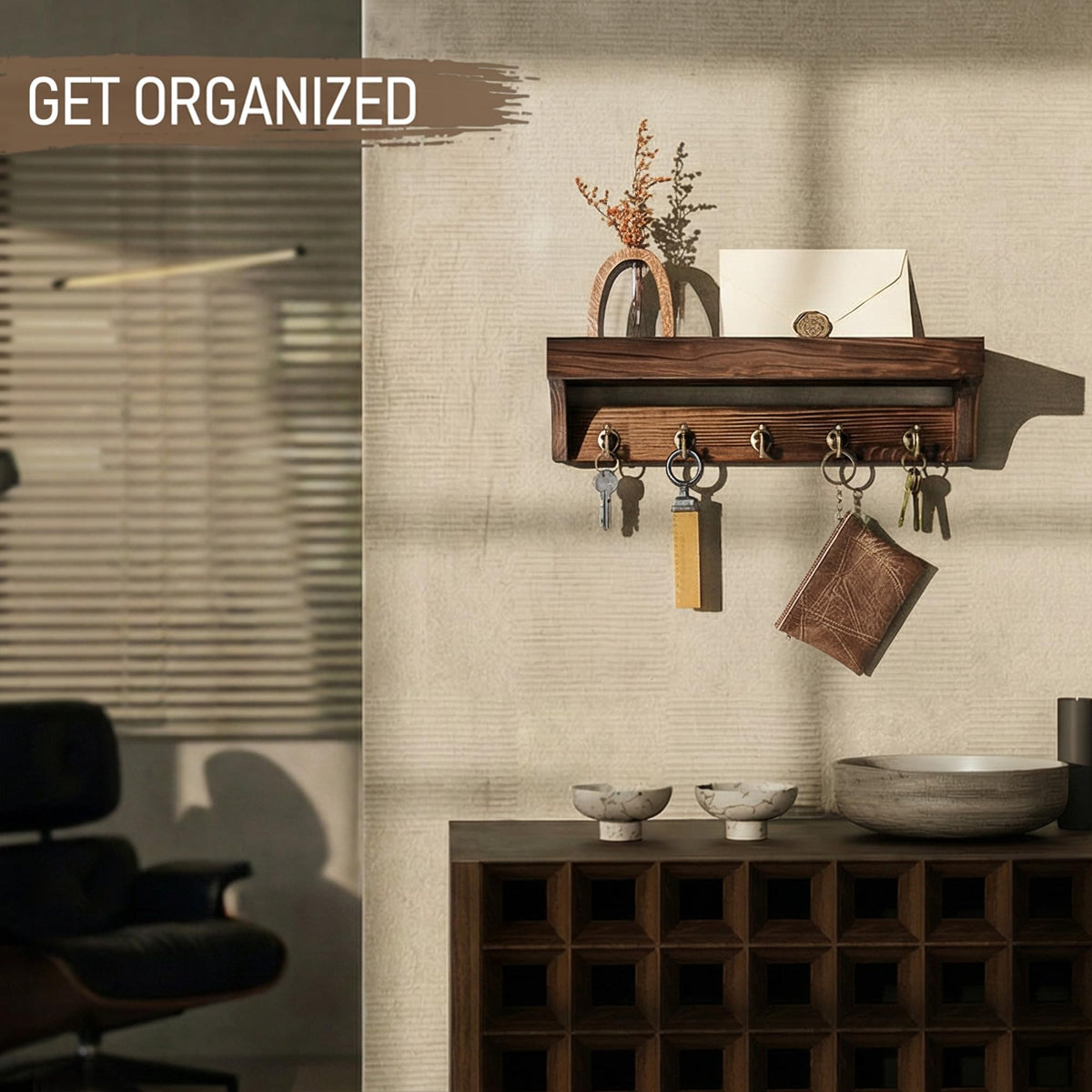 Retro Brown Pine Key Rack with Floating Shelf