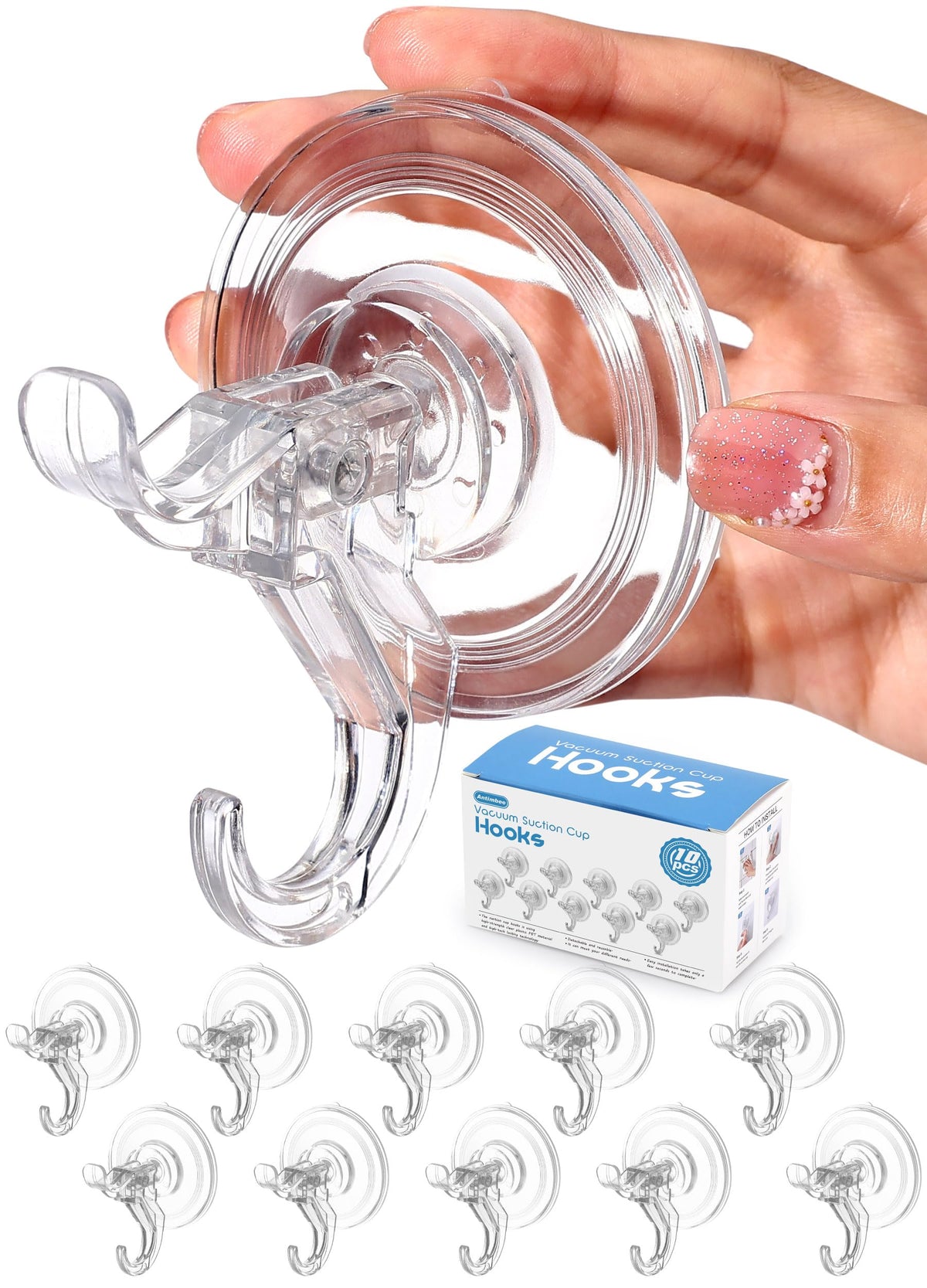Clear Suction Cup Hooks, 10 Pack, Reusable Double Hooks, Holds 11 lb