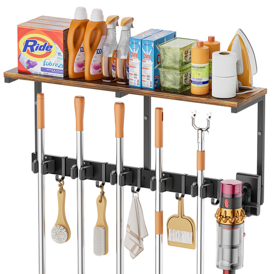 Wall Mounted Broom and Mop Holder with Shelf, Black Metal Organizer
