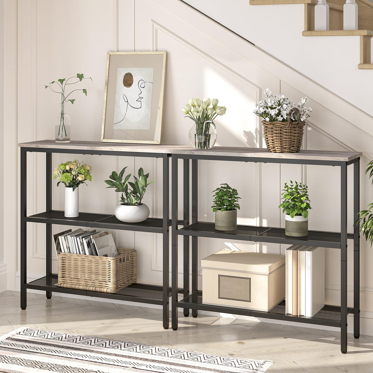 Thin 3 Tier Console Table, 29.5 Inch, Greige Top with Mesh Shelves