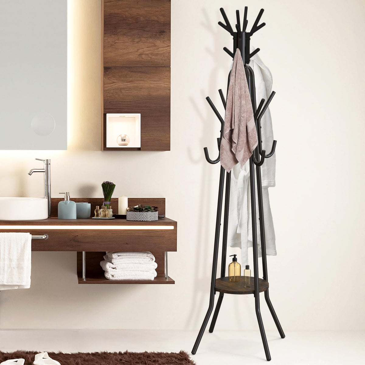Standing Coat Rack with 20 Hooks and Shelf, 74 Inch, Black and Brown