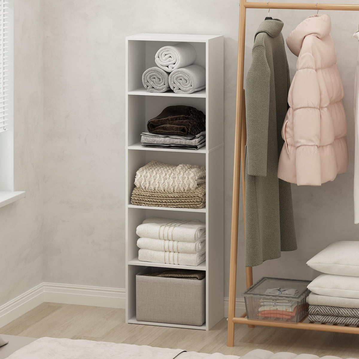 5 Tier Open Closet Organizer Tower, 52 Inch, White