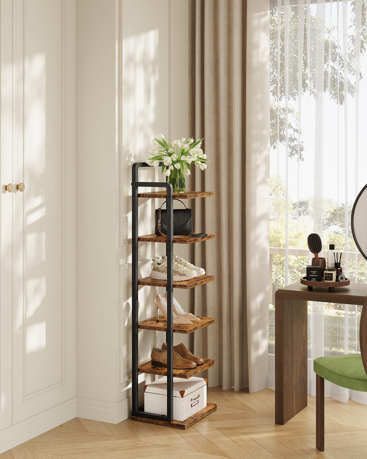 6 Tier Narrow Shoe Tower, Rustic Brown and Black Corner Rack