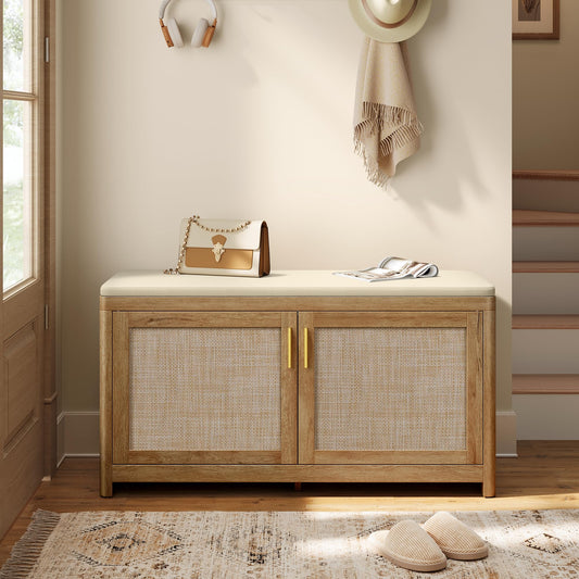 Boho Shoe Storage Bench with 2 Rattan-Look Doors, 39.4 Inch, Natural