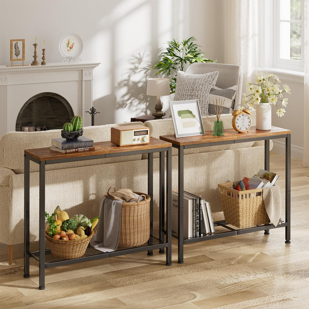 32 Inch Console Table with Mesh Storage Shelf, Brown Wood Top