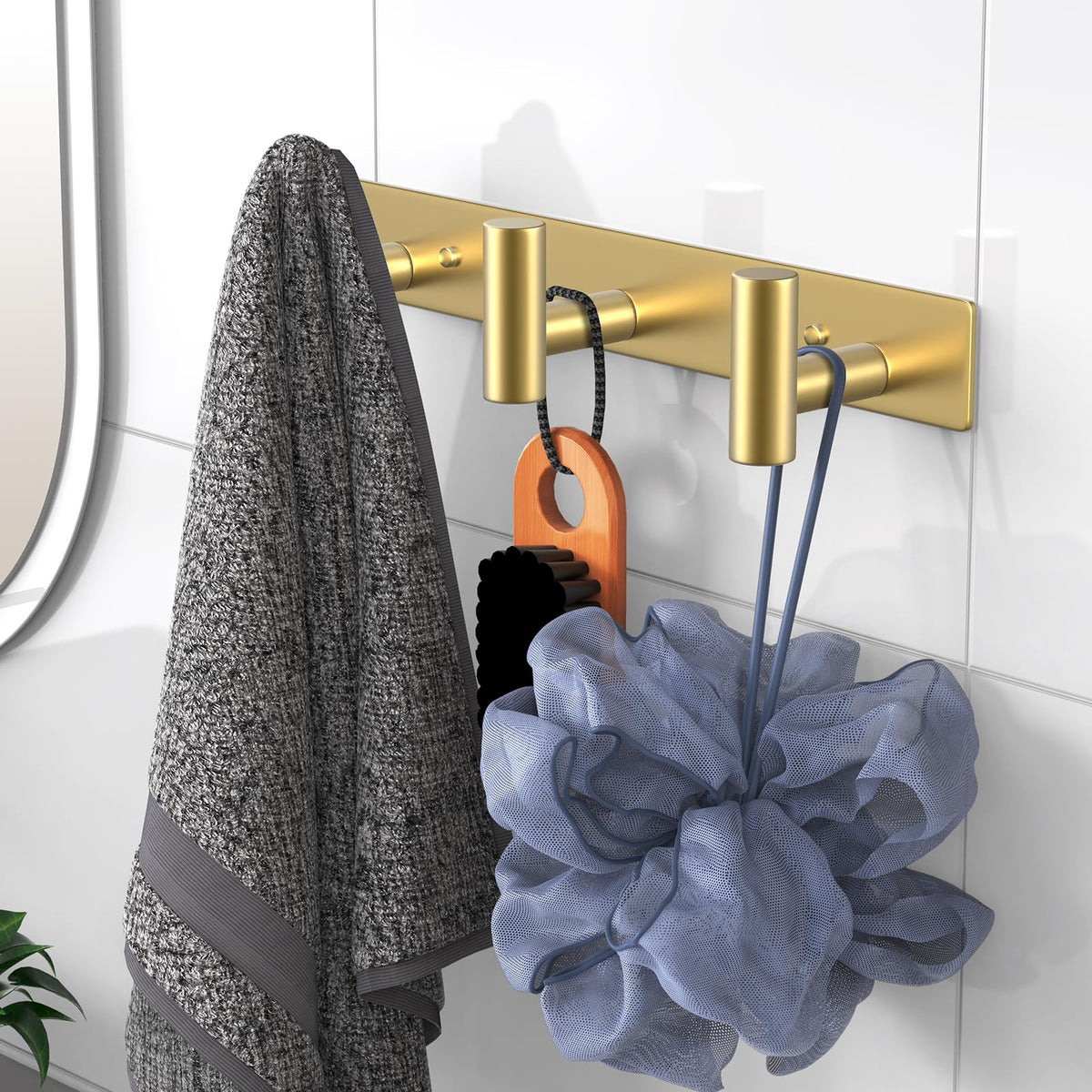 Gold T Shape Wall Hook Rack, 3 Hooks, 11.8 Inch Stainless Steel