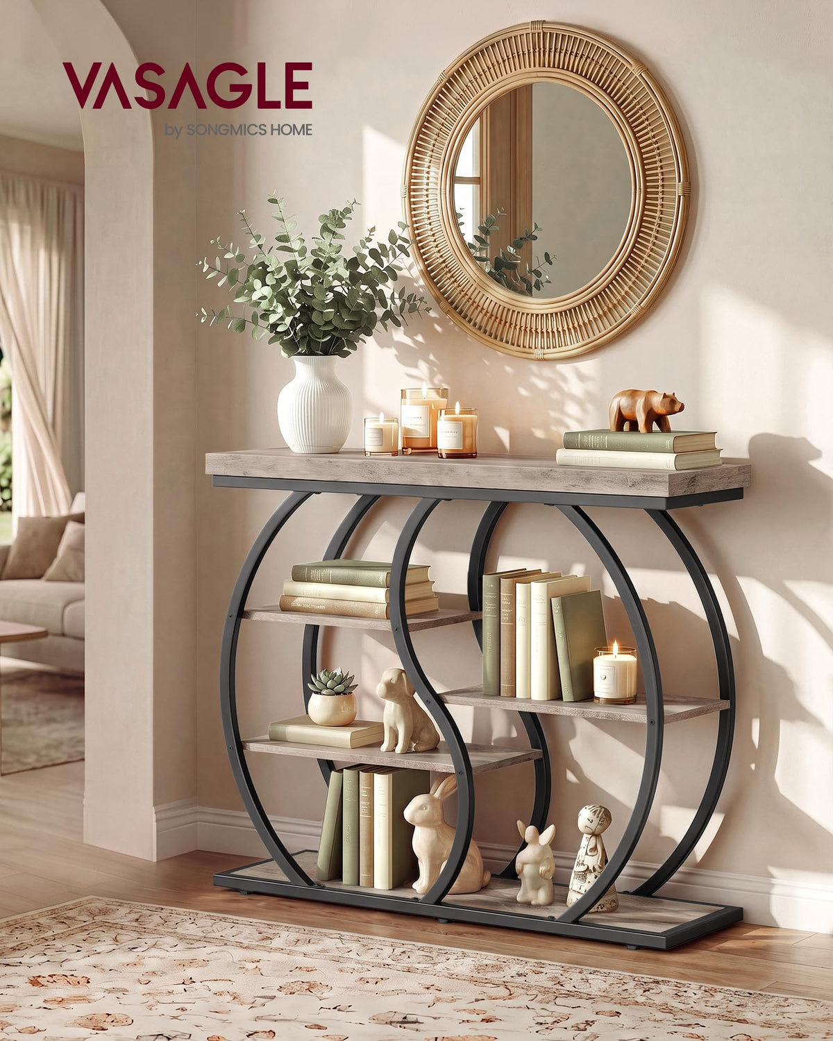 Curved 5 Tier Entryway Table, 39.4 Inch, Greige and Black