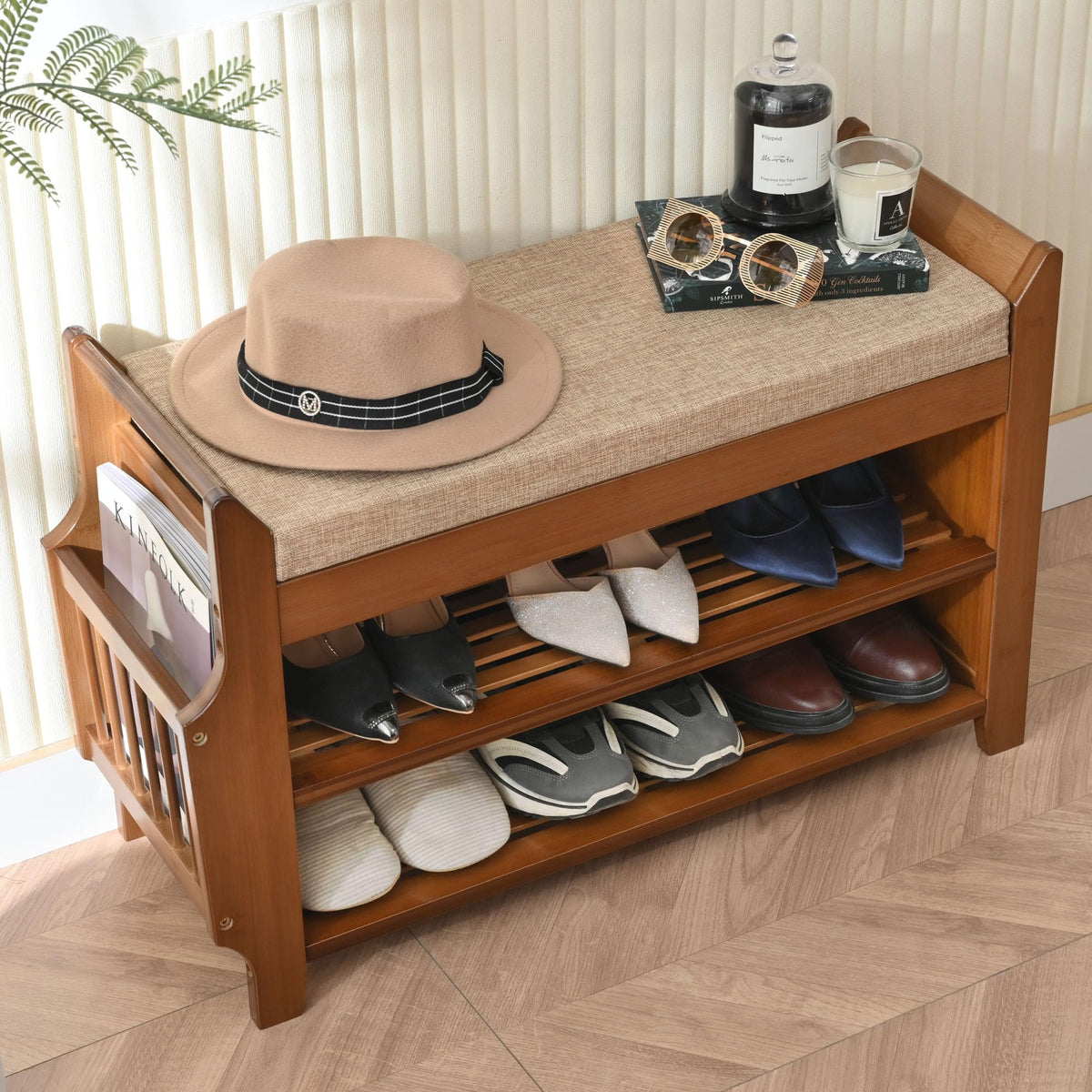 Bamboo Shoe Bench with Hidden Drawer, 2 Tier, 31.5 Inch, Brown