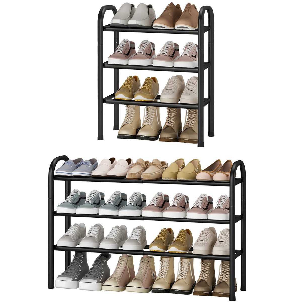 3-Tier Expandable Shoe Rack for 16 Pairs, Closet & Entryway Organizer, Black