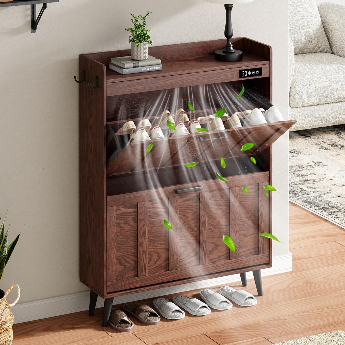 Slim Shoe Cabinet with 2 Flip Drawers and Built In Deodorizer, Walnut