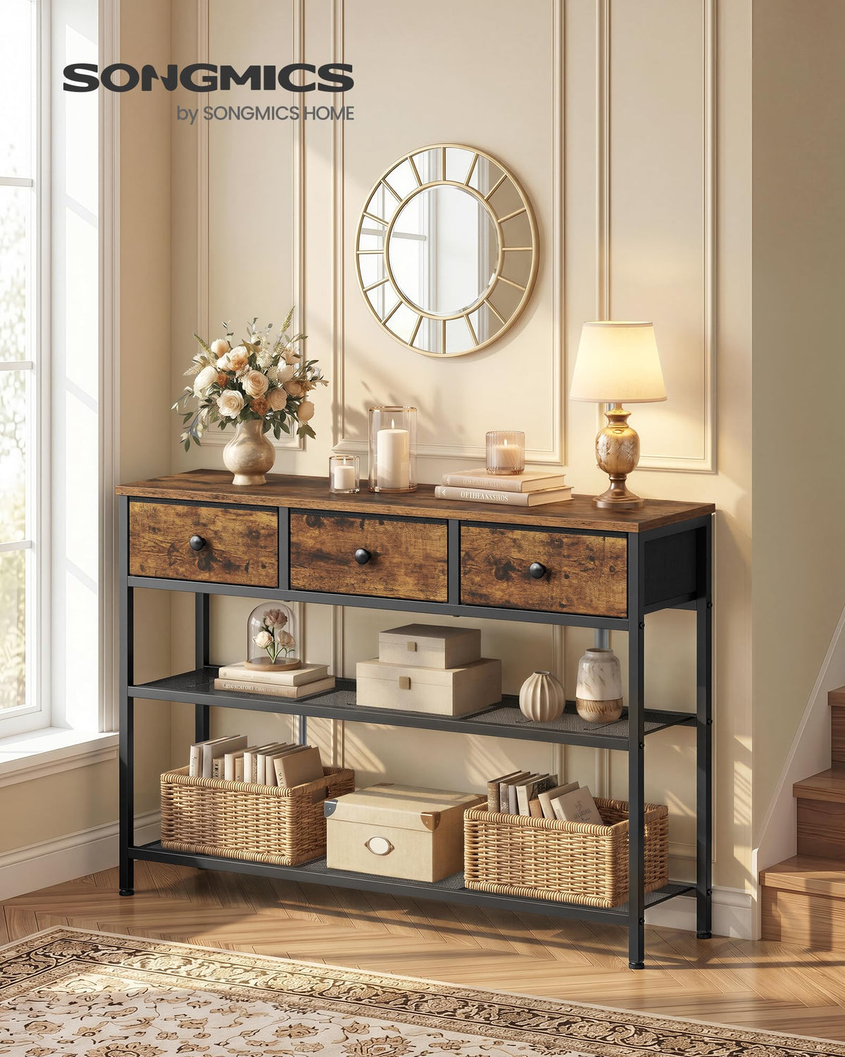 Slim Hallway Sofa Table, Rustic Brown, 3 Cloth Bins and 2 Mesh Shelves
