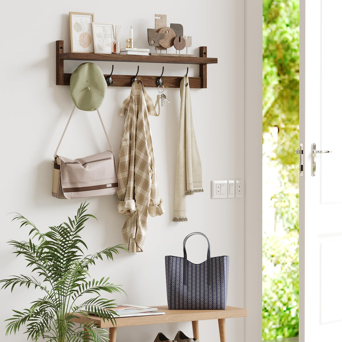 Wood Wall Shelf with 5 Dual Hooks, 28.9 Inch, Brown Coat Rack