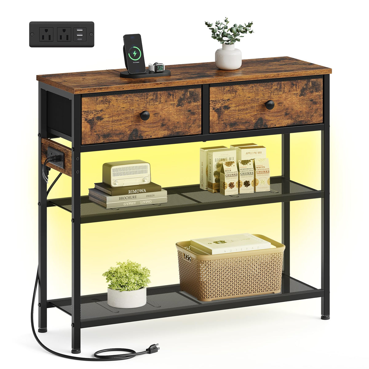 Rustic Brown Console Table with Charging Station and LED Lights