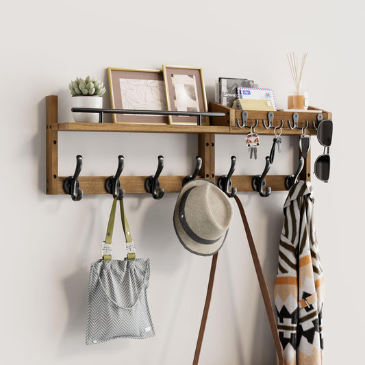 29 Inch Wall Coat Rack with Shelf, 7 Hooks and 4 Key Hooks, Brown