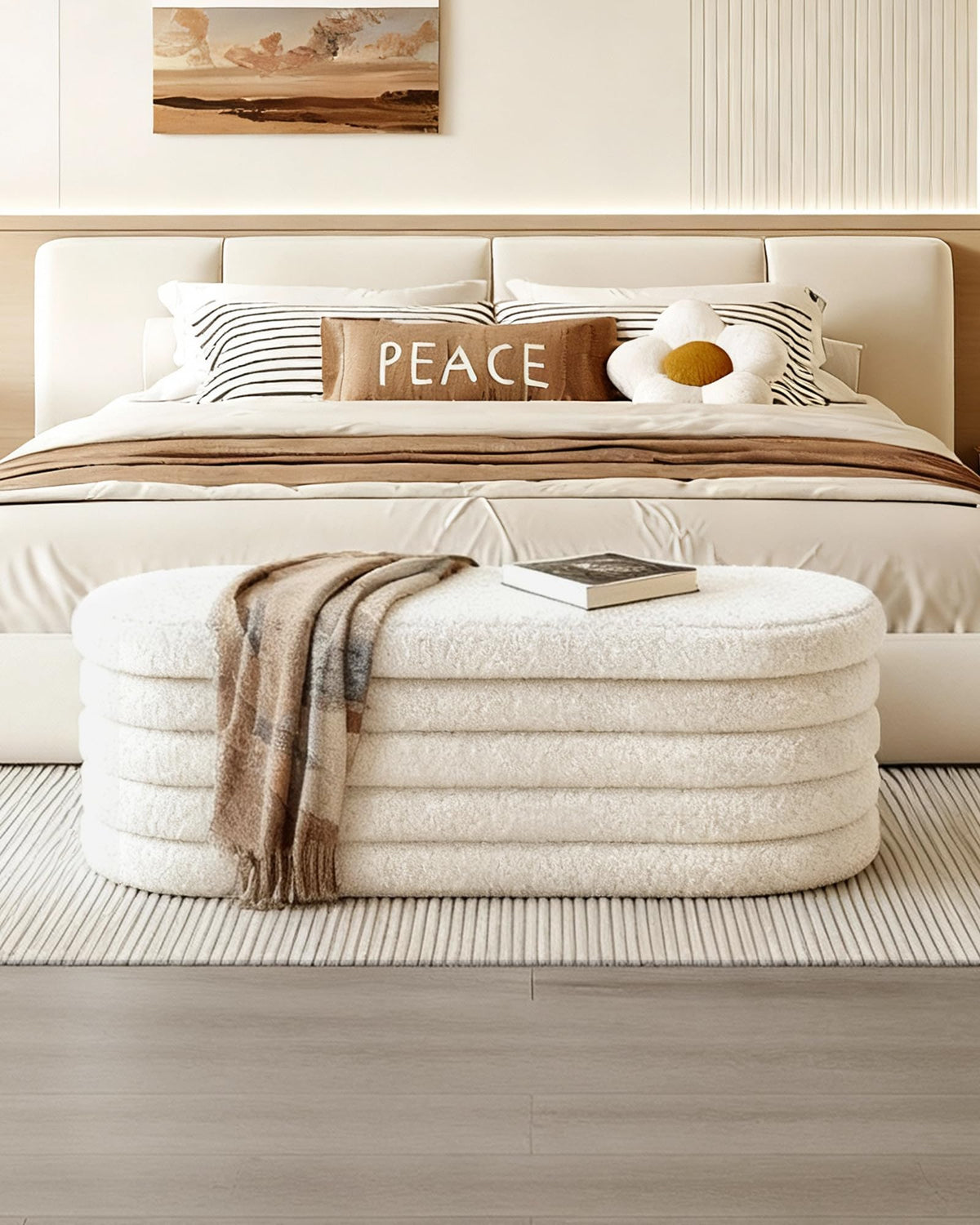 Oval Sherpa Storage Ottoman Bench, 43.3 Inch, White Foldable Seat