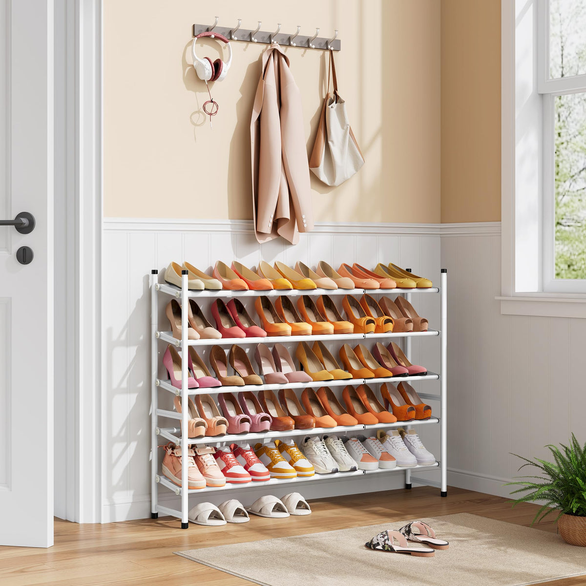 White 5 Tier Adjustable Shoe Rack, Expands 29 to 41 Inch